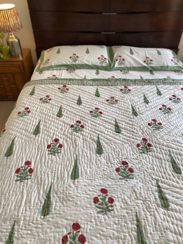 Red and Green Floral Reversible Quilt