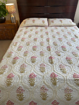 Beige and Off-White Floral Handblock Printed Bedcover