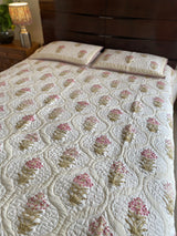 Beige and Off-White Floral Handblock Printed Bedcover