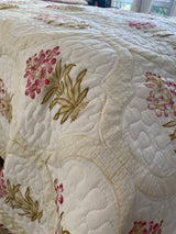 Beige and Off-White Floral Handblock Printed Bedcover