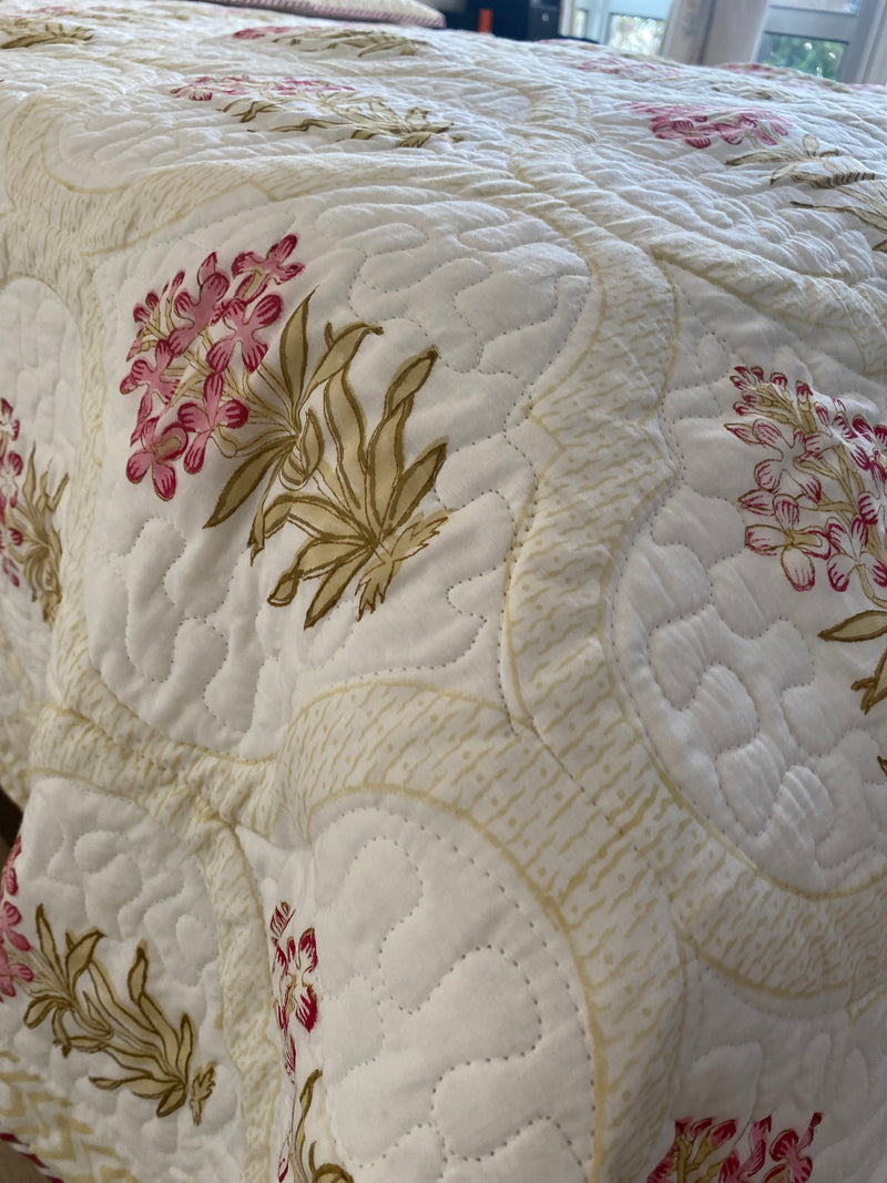 Beige and Off-White Floral Handblock Printed Bedcover