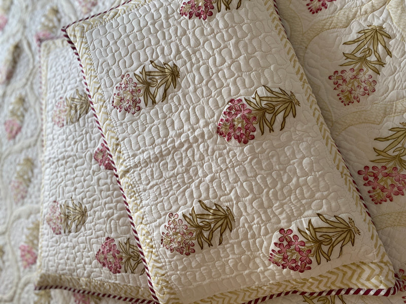 Beige and Off-White Floral Handblock Printed Bedcover