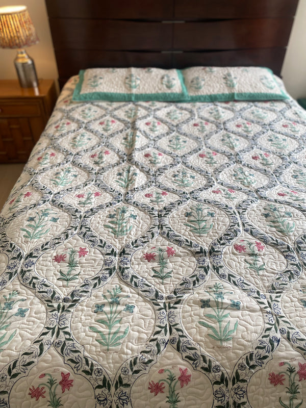 Green and White Floral Handblock Printed Bedcover