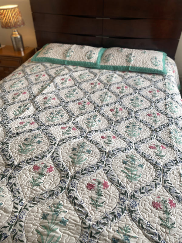 Green and White Floral Handblock Printed Bedcover