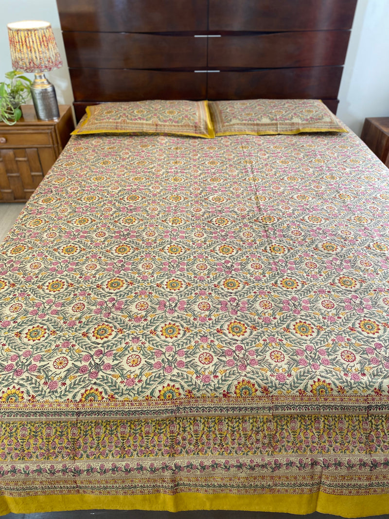 Brown and Mustard Handblock Printed Bedsheet