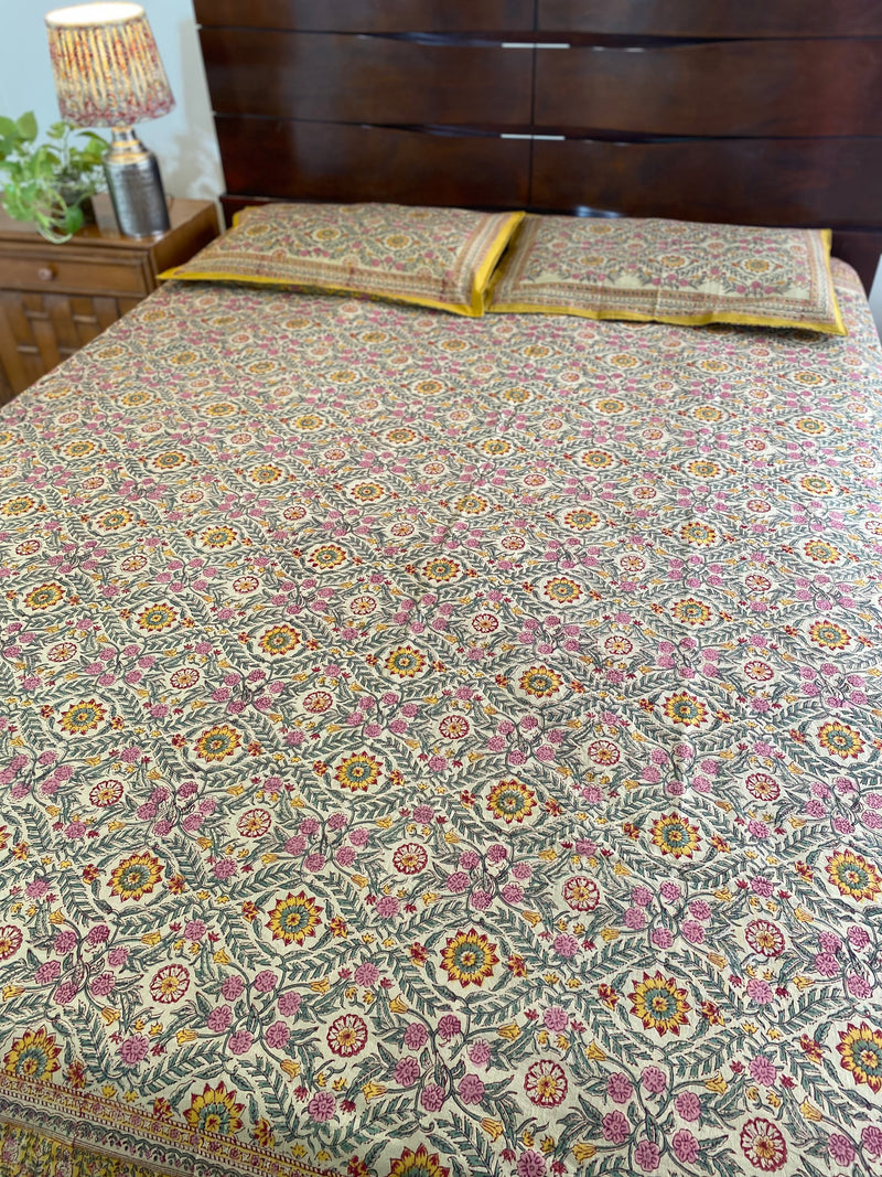 Brown and Mustard Handblock Printed Bedsheet