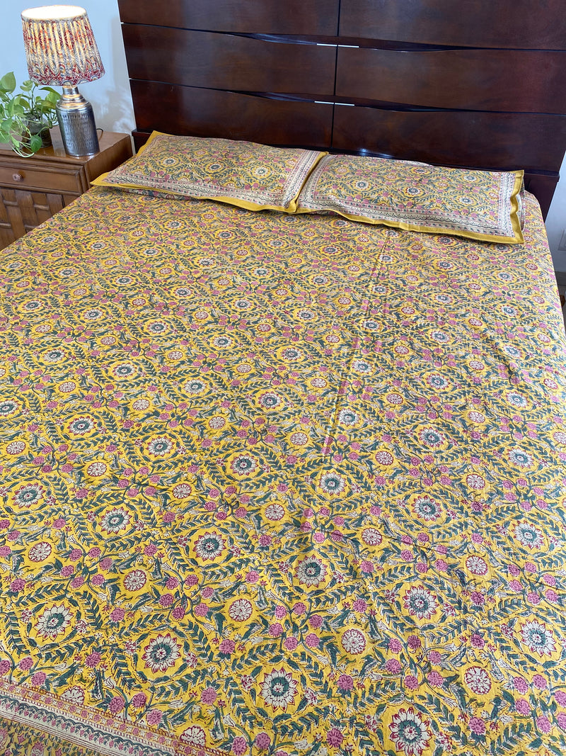 Mustard and Brown Handblock Printed Bedsheet