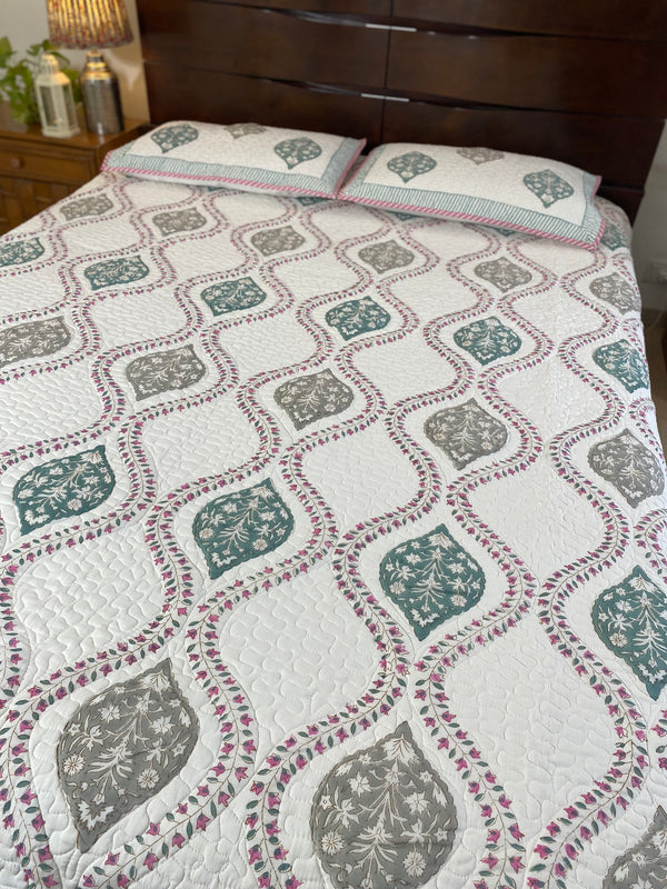Grey and Pink Handblock Printed Bedcover