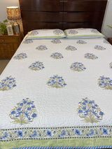 Green and Blue Floral Handblock Printed Bedcover