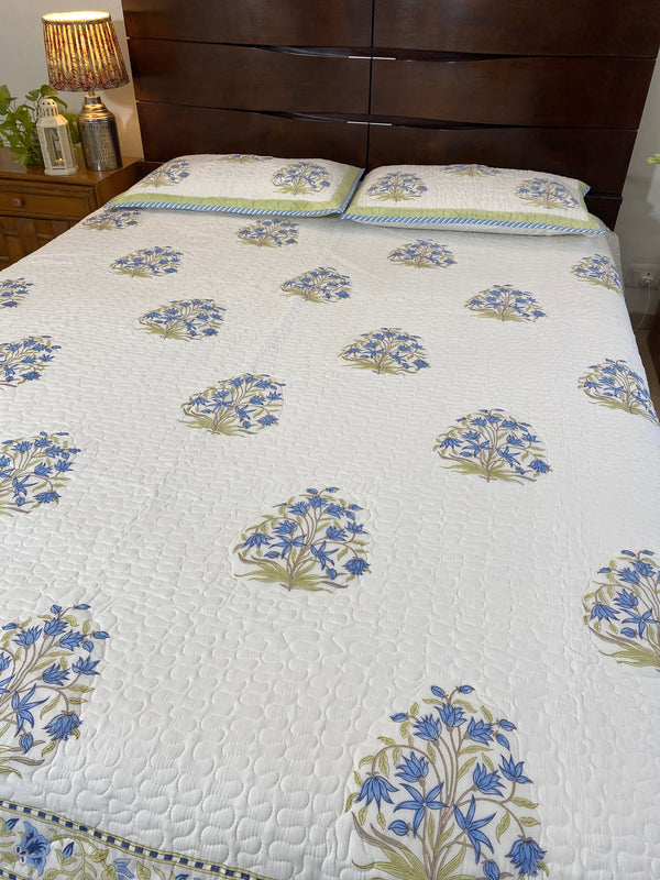 Green and Blue Floral Handblock Printed Bedcover