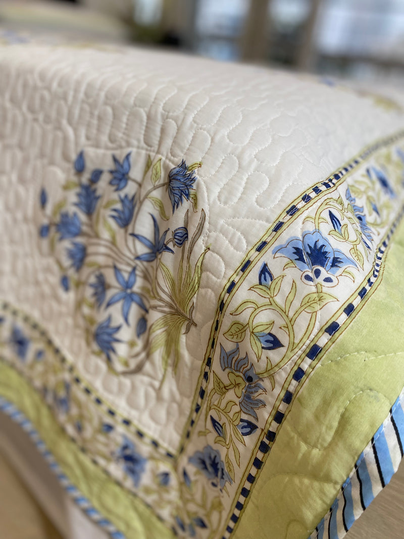 Green and Blue Floral Handblock Printed Bedcover