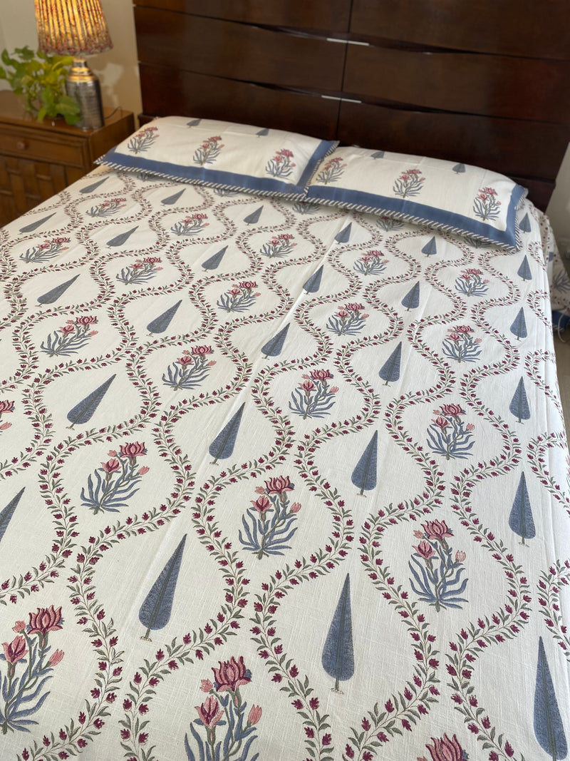 Floral Jaal Handblock Printed Cotton Slub Bedcover