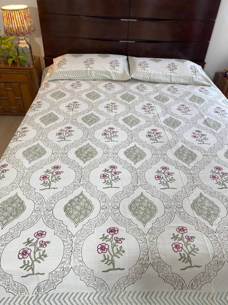 Floral Jaal Handblock Printed Cotton Slub Bedcover