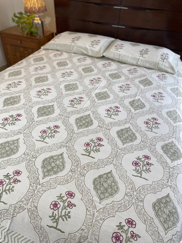 Floral Jaal Handblock Printed Cotton Slub Bedcover