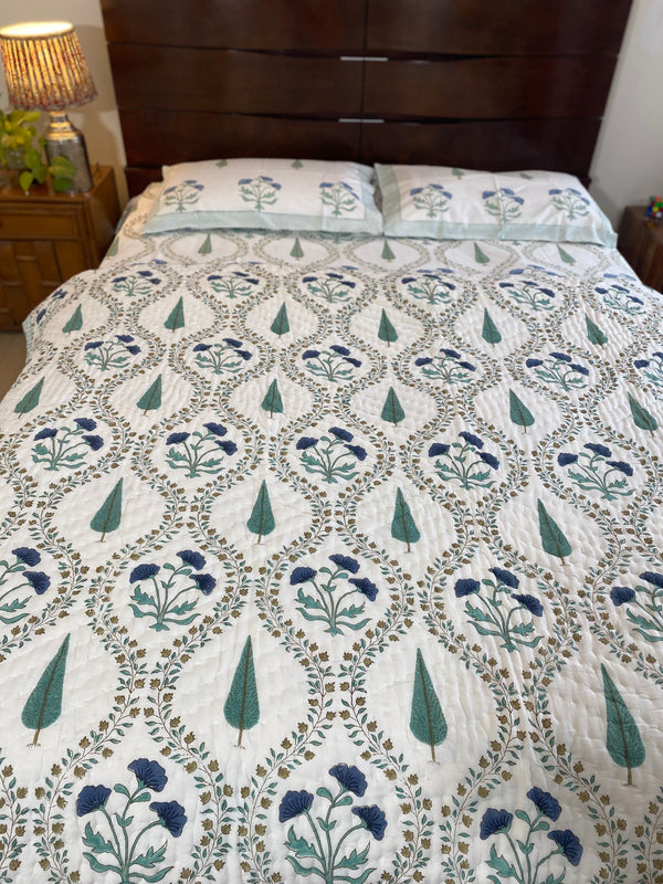 Blue and Green Floral Reversible Quilt