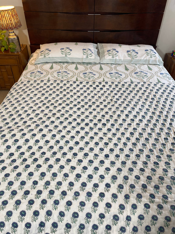 Blue and Green Floral Reversible Quilt