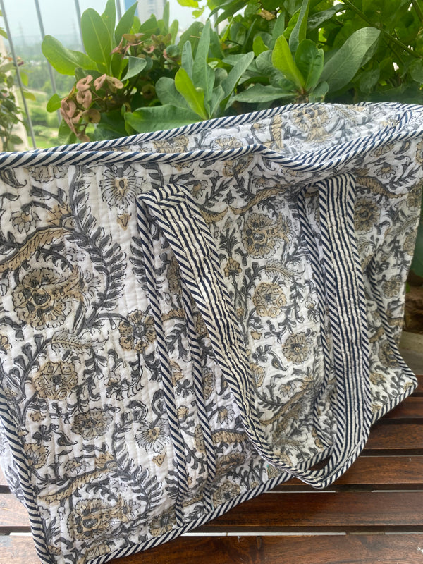 White and Grey Floral Tote Bag