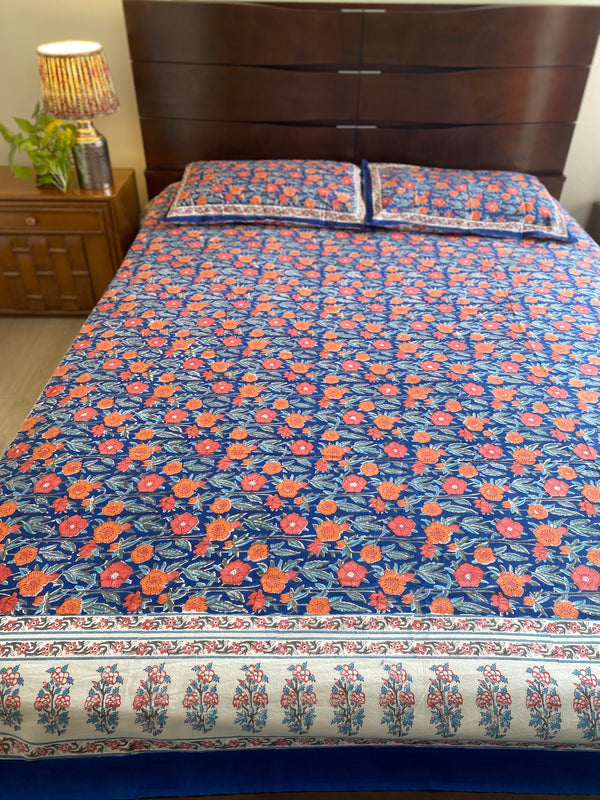 Blue and Orange Handblock Printed Bedsheet