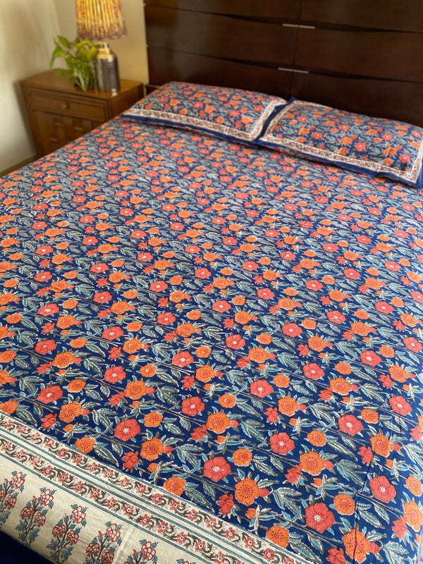Blue and Orange Handblock Printed Bedsheet