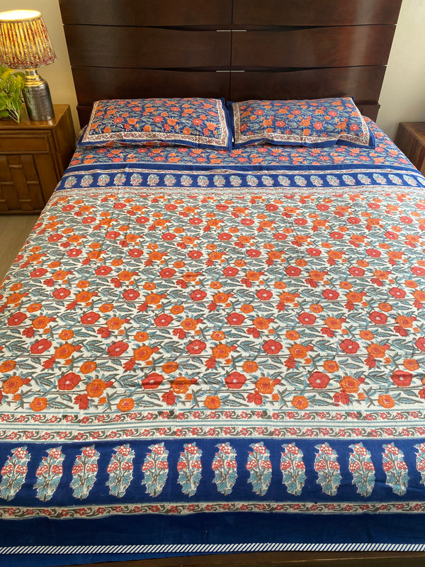 Fresh Florals- Blue and Orange Handblock Print Reversible Dohar