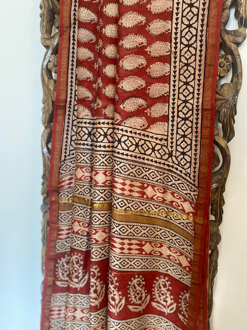 Gul-mohar collection- Red Kairi Chanderi Silk Saree