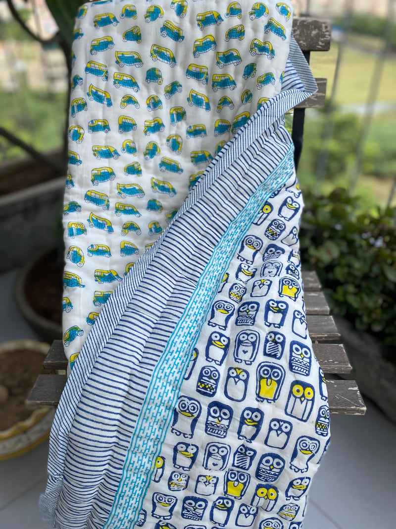 Owl and Auto print reversible baby quilt