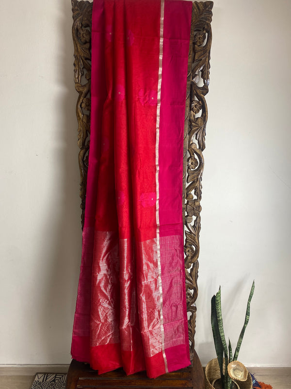 Gul-mohar collection-  Red and Rani chanderi silk saree