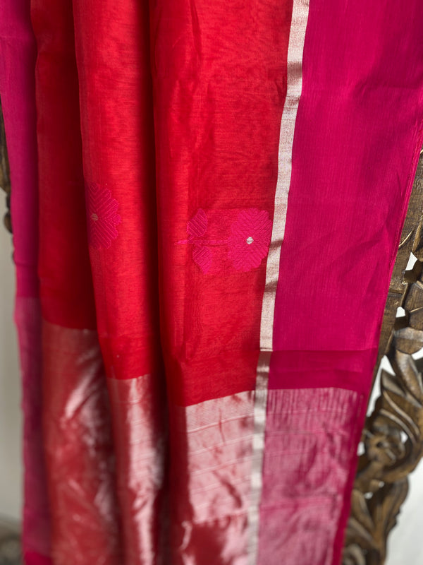 Gul-mohar collection-  Red and Rani chanderi silk saree