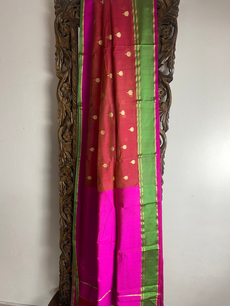 Gul-mohar collection-   Red and Rani chanderi silk saree