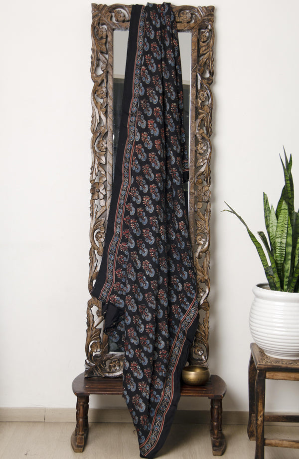 Bagh collection- Black floral Ajrakh Modal silk saree