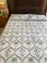 Palm and Blue Floral Handblock Print Bedsheet (210TC)