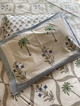 Palm and Blue Floral Handblock Print Bedsheet (210TC)