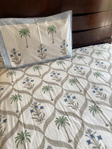 Palm and Blue Floral Handblock Print Bedsheet (210TC)