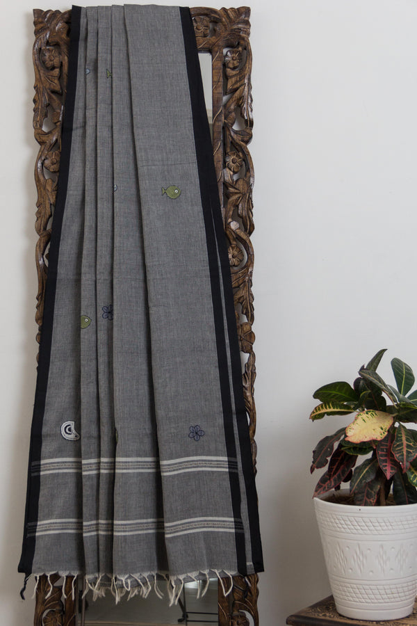 Chui Mui- Collection - Charcoal grey and black applique saree