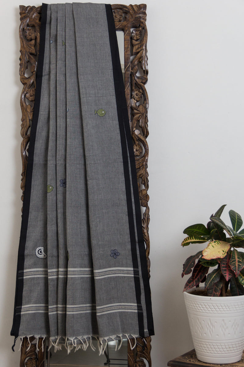 Chui Mui- Collection - Charcoal grey and black applique saree