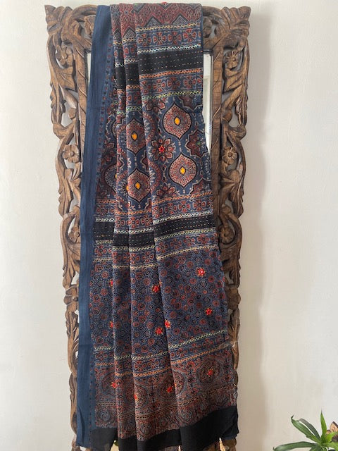 Blue and brown Ajrakh saree