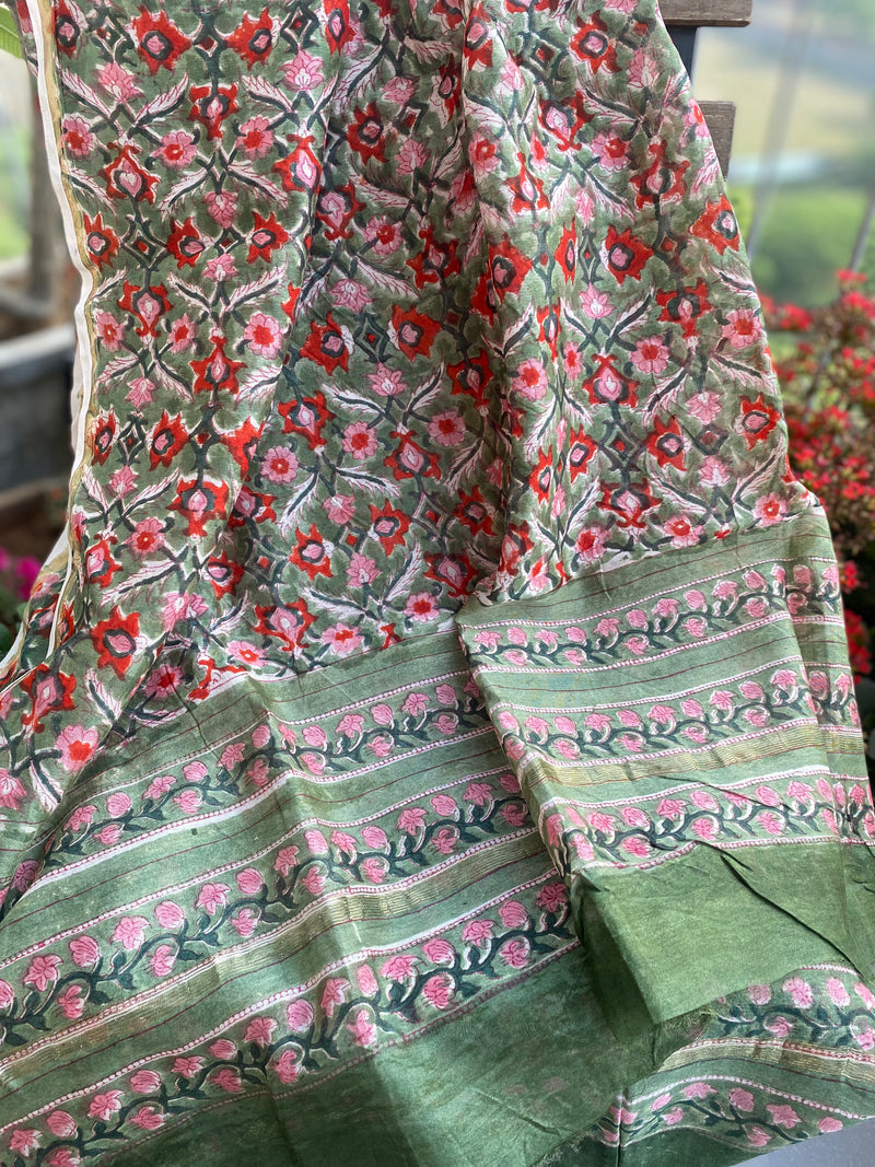 Phool collection-  Green and Red Floral Chanderi Dupatta