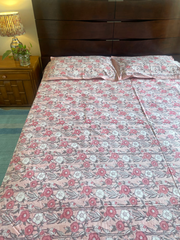 Pink floral hand block print bedsheet