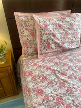 Pink floral hand block print bedsheet