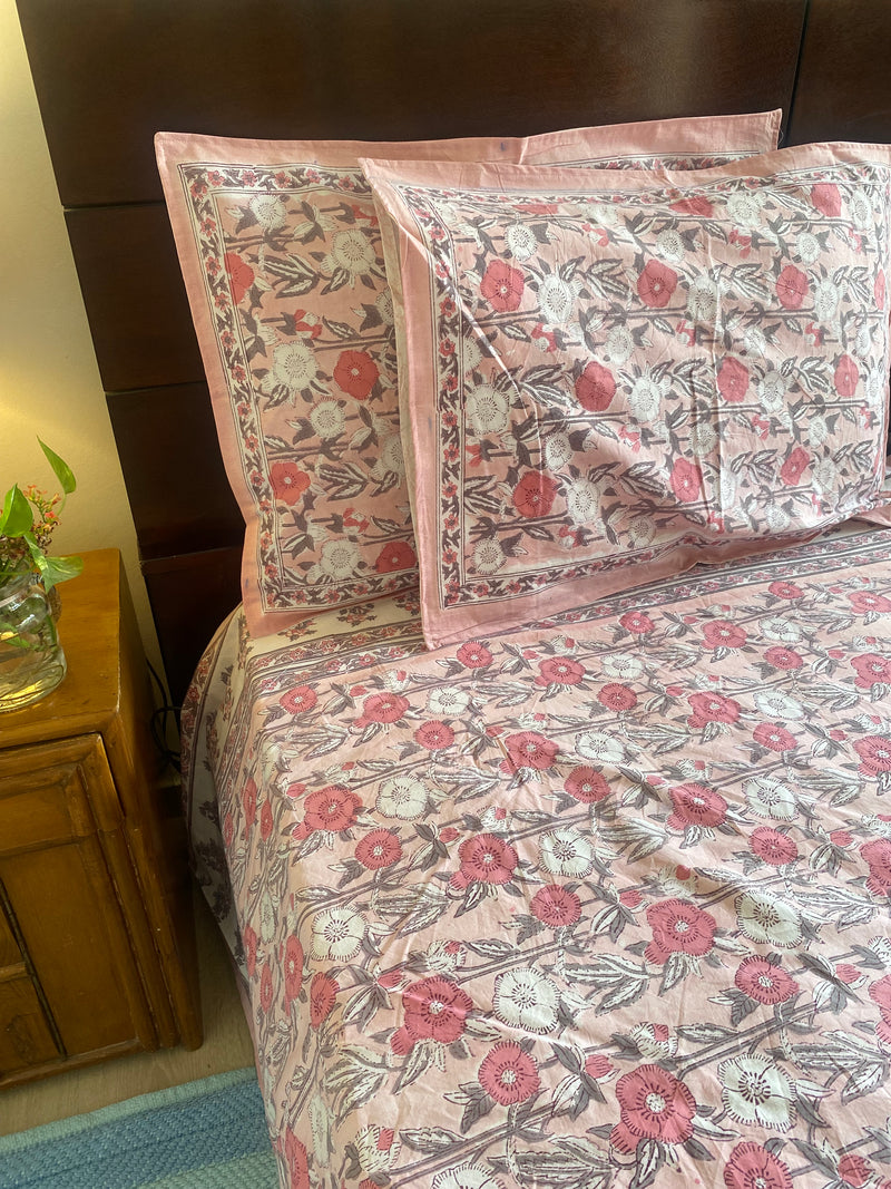 Pink floral hand block print bedsheet