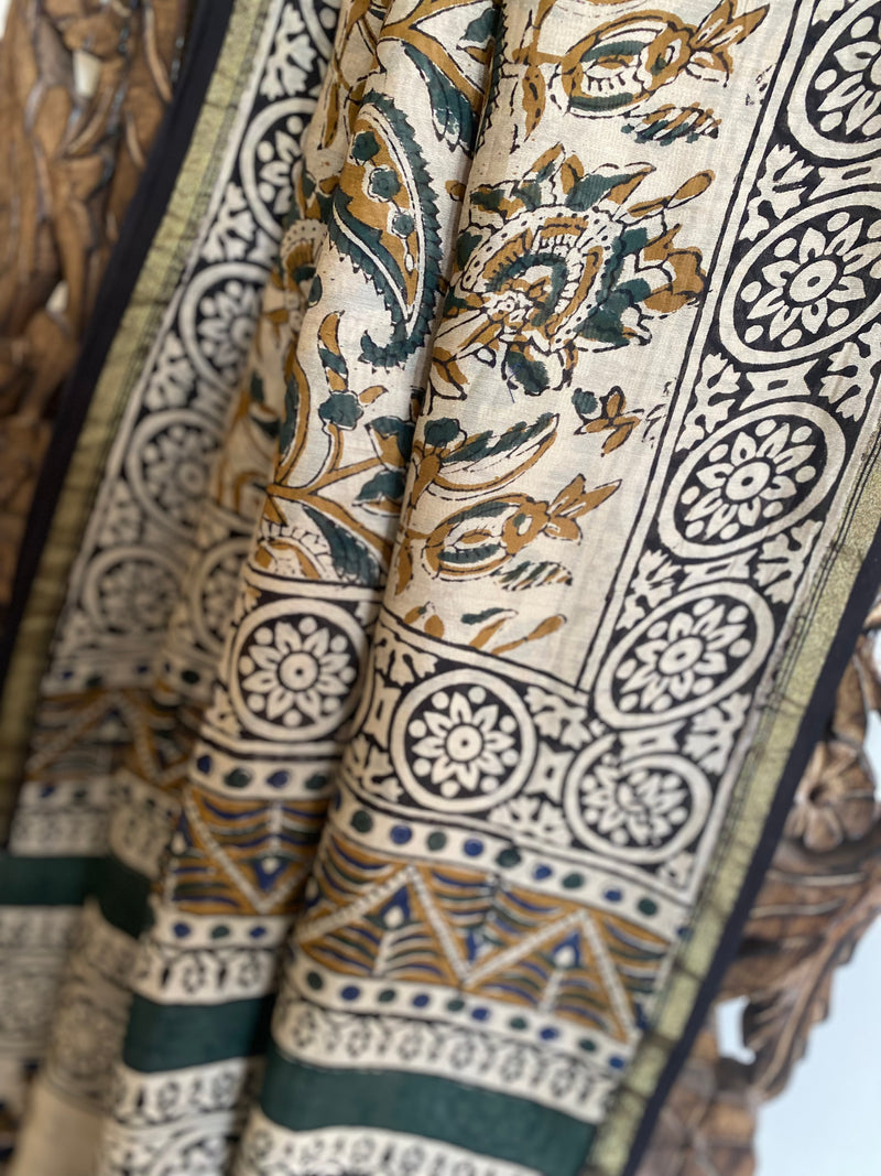 Gul-mohar collection- Beige and Green chanderi saree