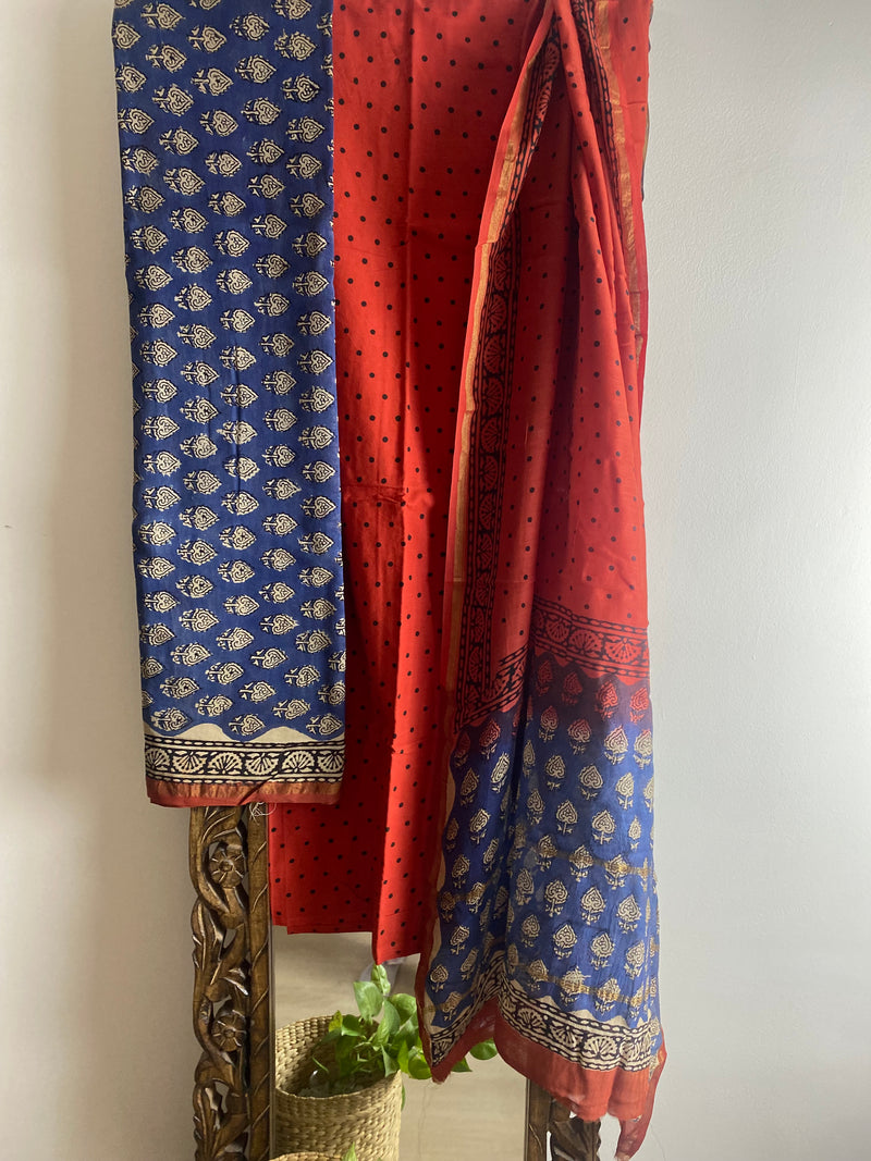 Gul-mohar collection- Blue and Red chanderi dress material