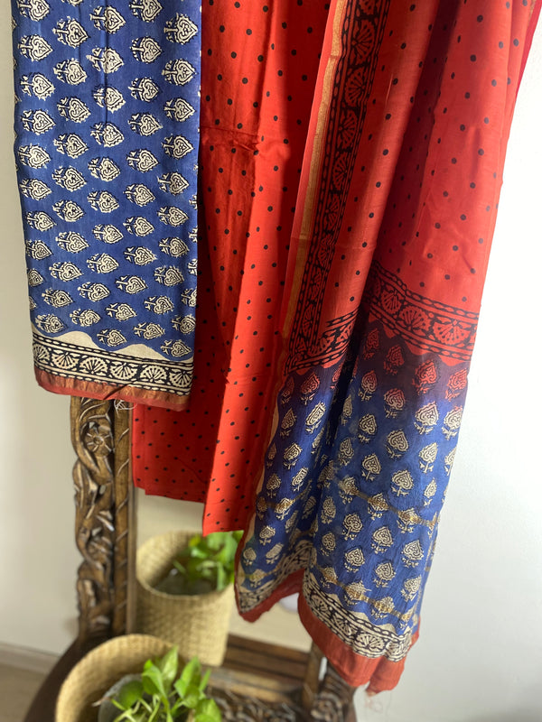 Gul-mohar collection- Blue and Red chanderi dress material